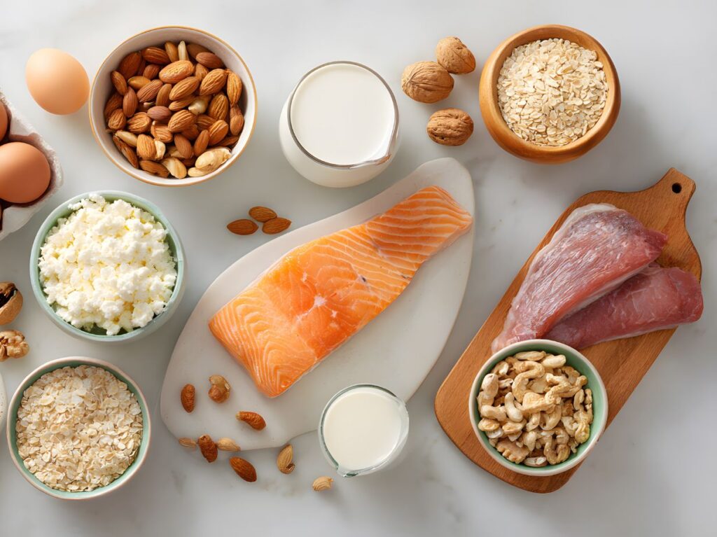 Menú para nadadores que incluye salmón, pollo, avena, almendras, huevo y leche